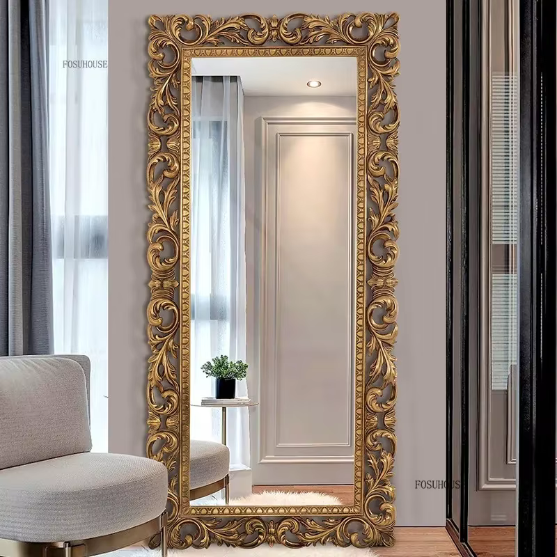 Miroir sur pied rétro pleine longueur, design orné, style européen classique pour la décoration de chambre et de salon