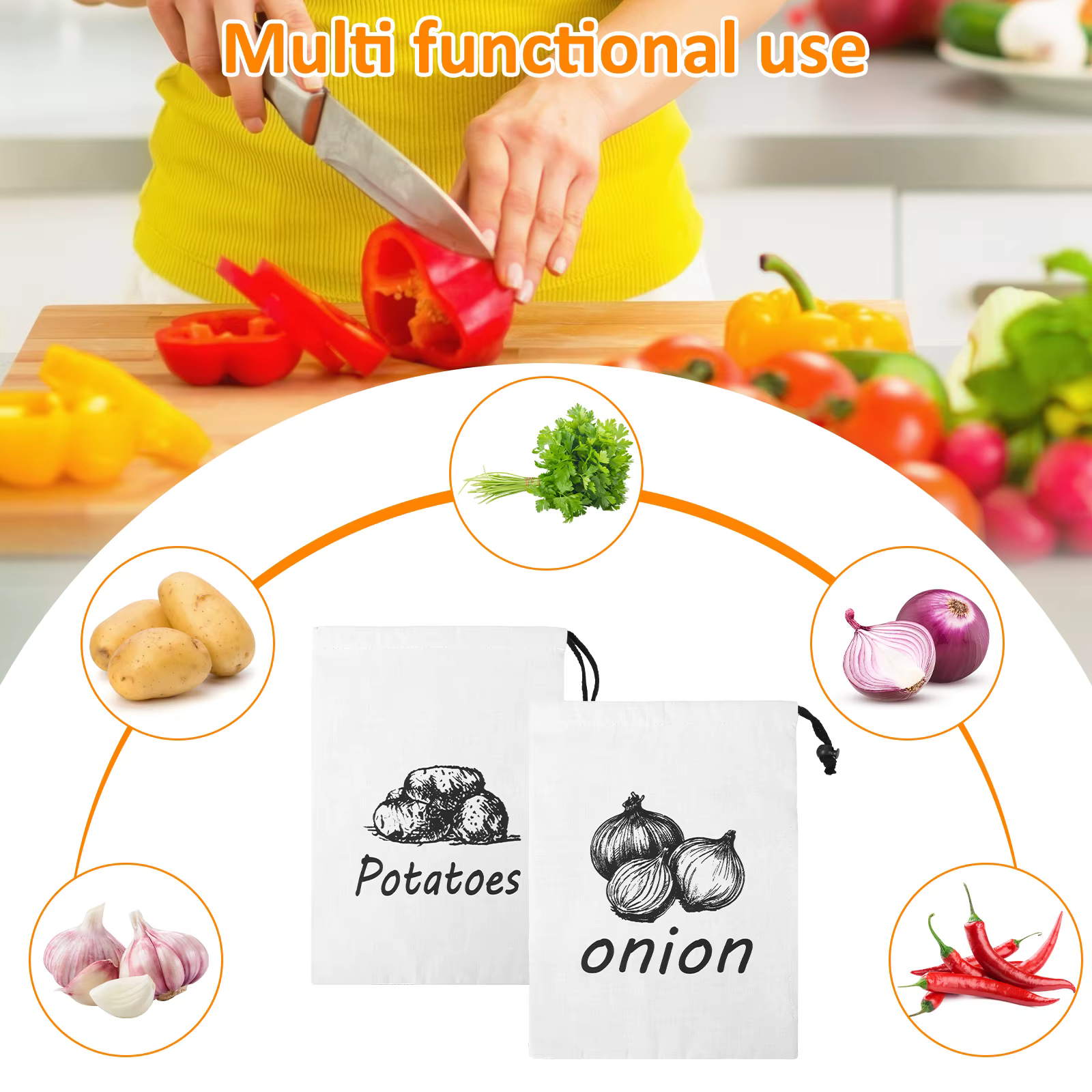 Sac de rangement pour pommes de terre et oignons, 2 pièces, avec cordon de serrage, organisateur de fruits et légumes frais, rangement réutilisable pour la cuisine domestique