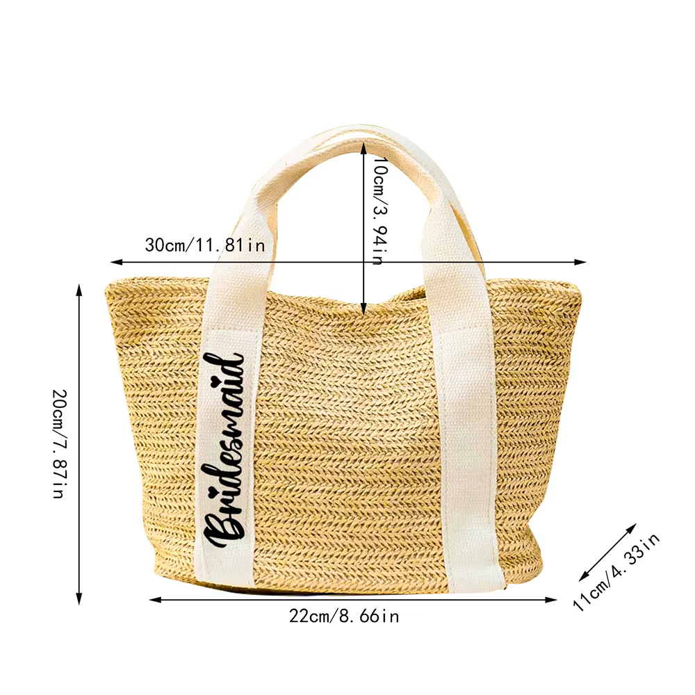 Sac fourre-tout tissé en paille avec texte personnalisé, cadeaux de demoiselle d'honneur personnalisés, cadeaux de fête d'enterrement de vie de jeune fille, sac de plage en toile de jute