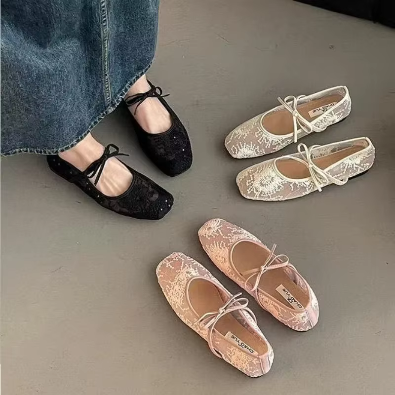 Chaussures plates élégantes à bout carré en maille sexy pour femme