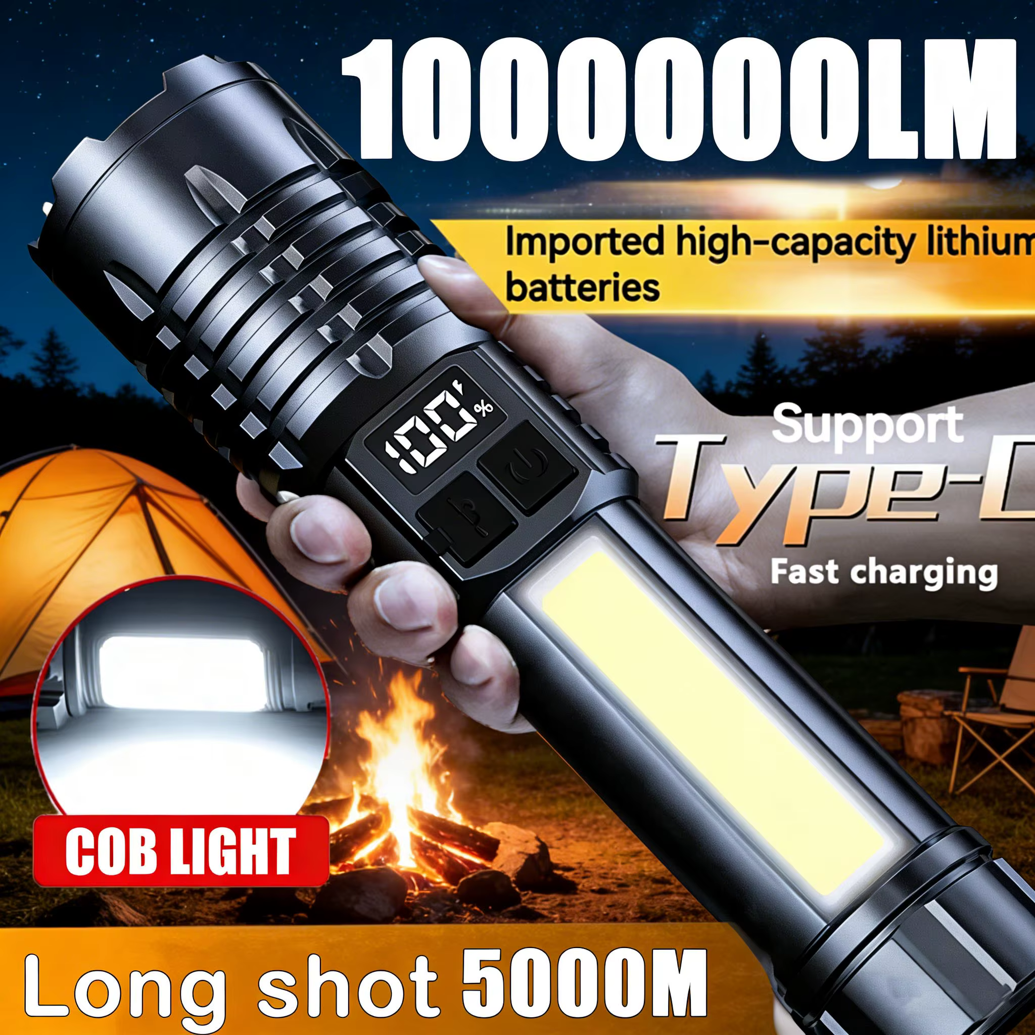 Lampe torche LED haute puissance avec zoom et affichage numérique