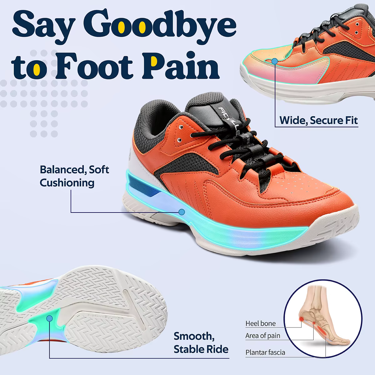 FitVille Chaussures de pickleball pour hommes, baskets confortables extra larges, chaussures de tennis toutes surfaces avec soutien de la voûte plantaire pour la fasciite plantaire