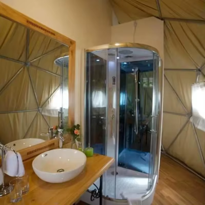 Cabane de jardin extérieure, maison en forme de dôme, tente géodésique de camping, igloo avec toit transparent, poêle et salle de bain, personnalisable