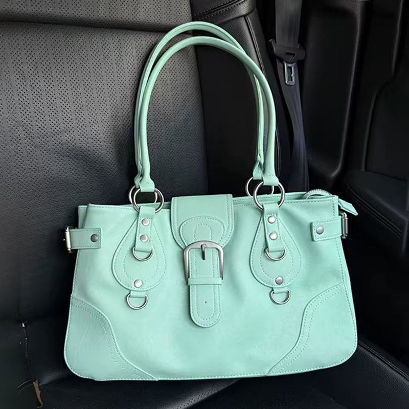 Sac à main Hobo, sac à bandoulière pour femme style motard, sac fourre-tout vintage chic vert menthe Y2K pour filles