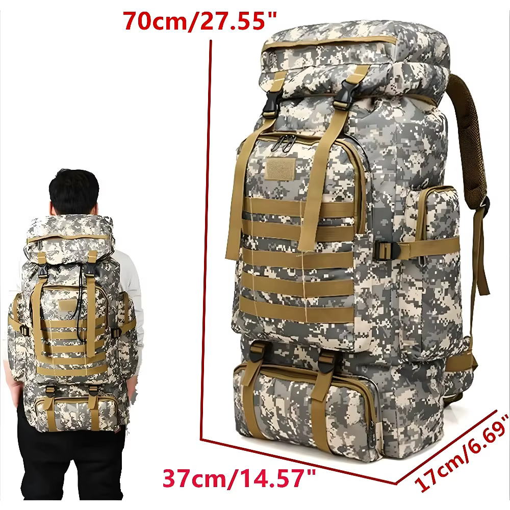 Sac de montagne 75L, sac à dos tactique imperméable camouflage léger