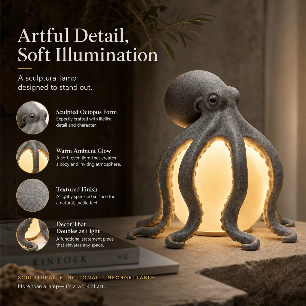 Lampe de table en résine en forme de pieuvre, sculpture décorative océanique, alimentée par USB, lampe d'ambiance chaude pour fête d'Halloween, bureau, décoration de la maison, cadeau