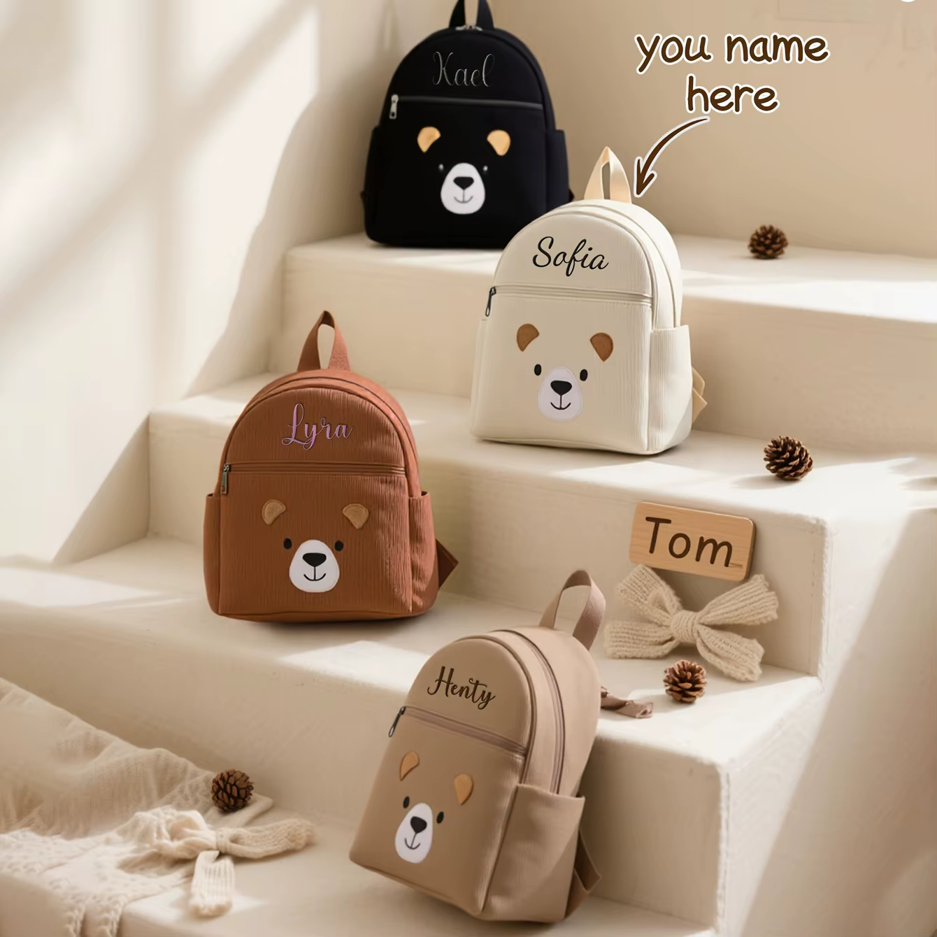 Sac à dos pour enfants ours mignon brodé personnalisé |   Sac pour tout-petits de la maternelle |   Adorable sac ours personnalisable