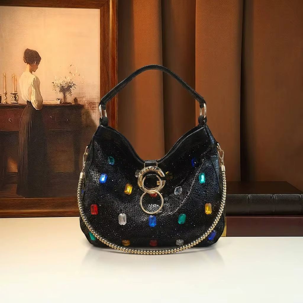 Sac à bandoulière hobo léopard scintillant avec pierres précieuses colorées