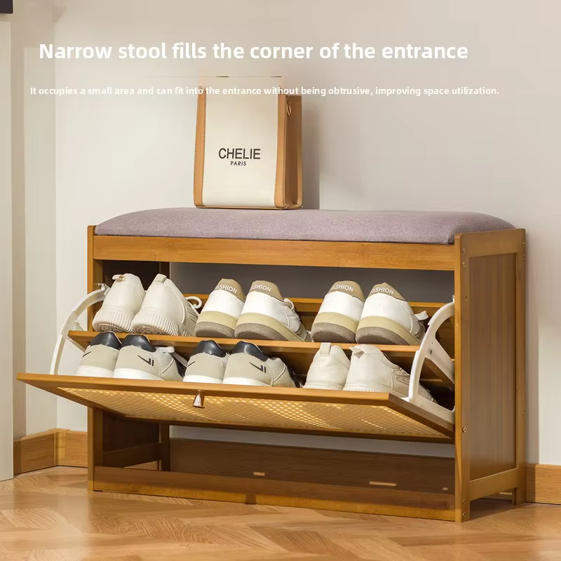 Meuble à chaussures domestique de 50-70 cm de long, tabouret à chaussures en bambou et en bois à rabat, tabouret long, tabouret rétro pour enfiler les chaussures