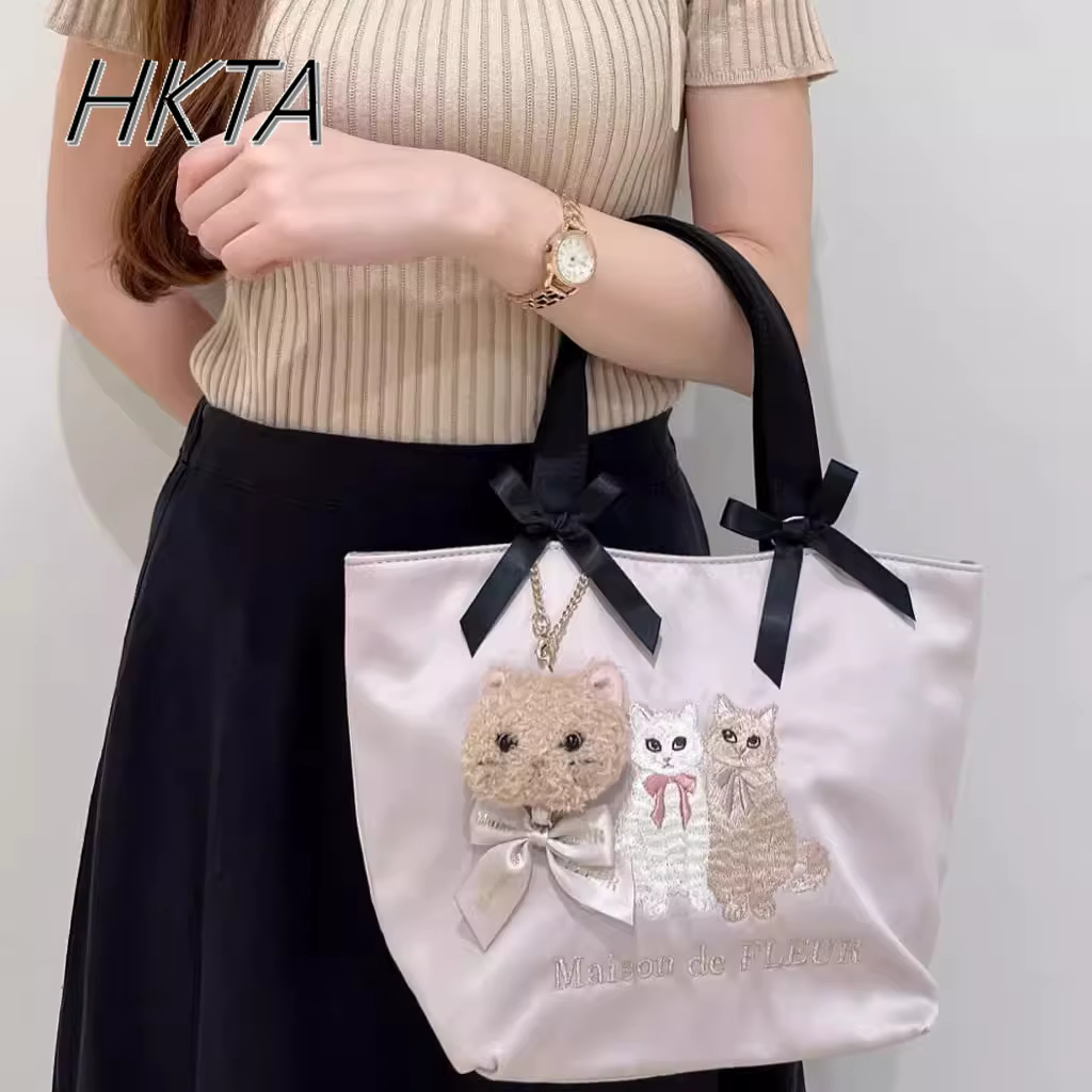 Sac à main double chat brodé pour femme, sac fourre-tout rose doux, satin, double nœud, initié, mignon, japonais, printemps, nouveau, 2025