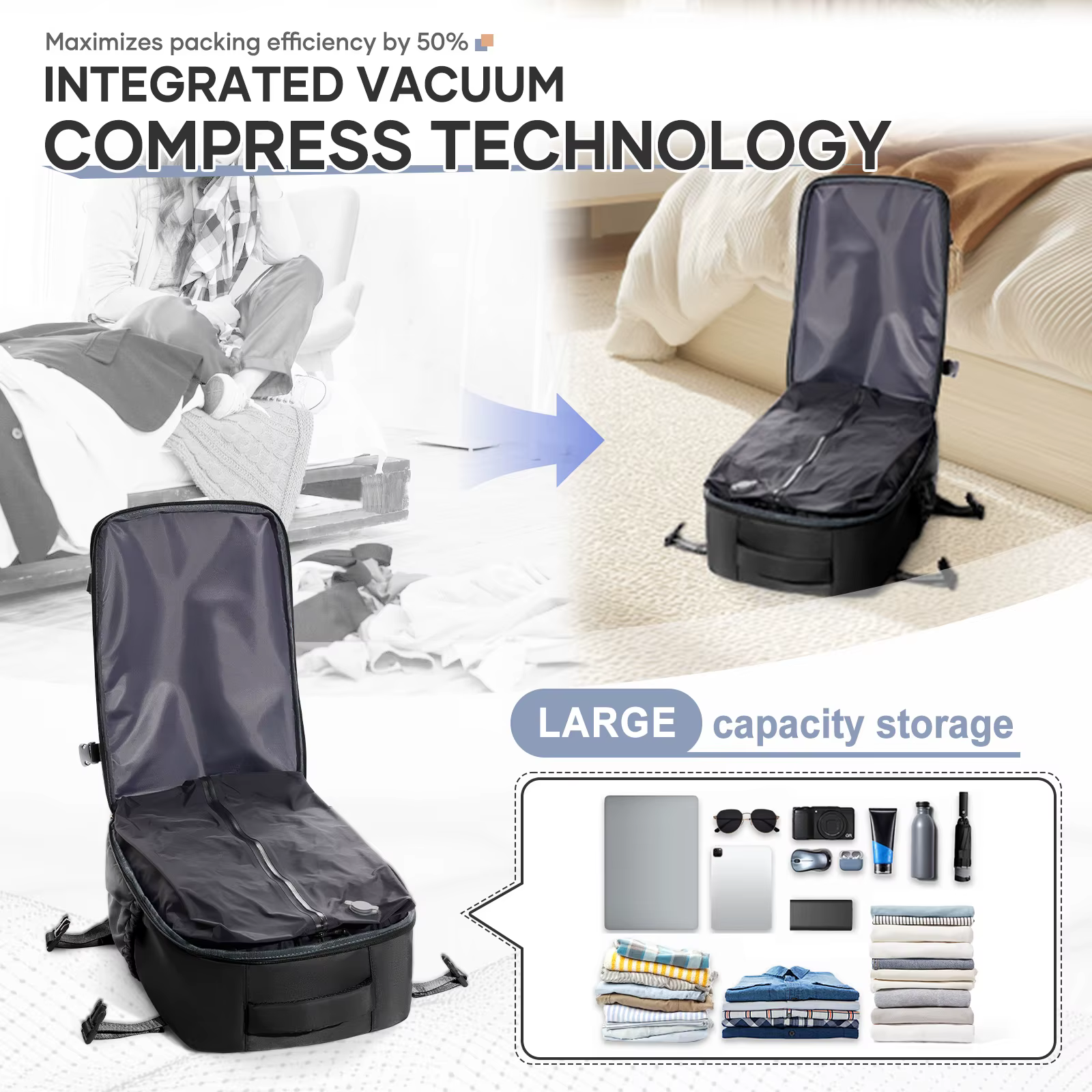 Sac à dos de voyage Airbag 43x29x15 sac de cabine avion, Ryanair 40x25x20 sac à dos électrique sous vide bagage à main, sac à dos Durable