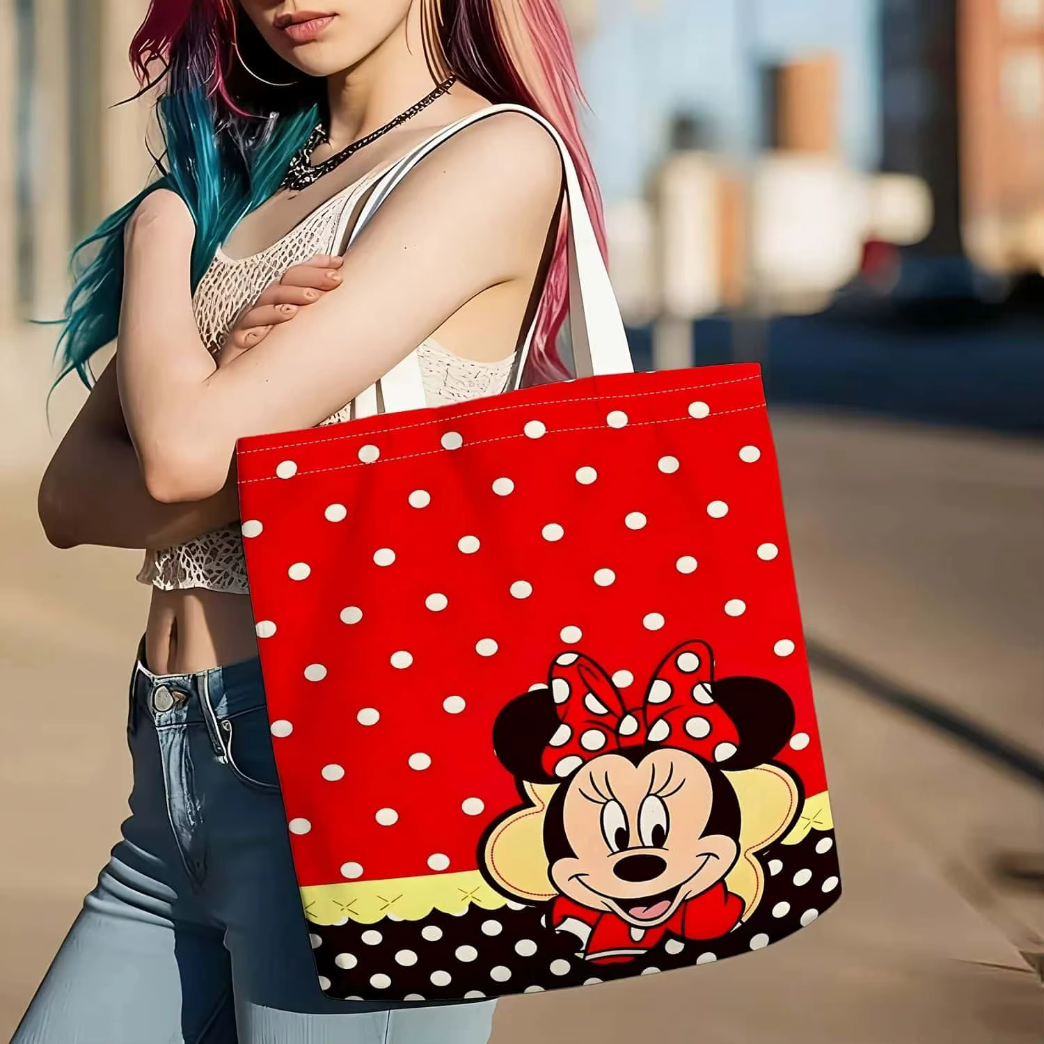 Un sac de shopping d'été Minnie adapté aux enfants, aux adultes, à un usage quotidien, à l'école et aux voyages, un cadeau pour les passionnés de dessins animés