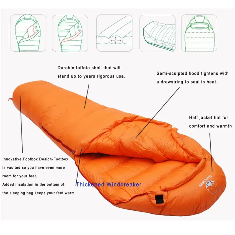 Sac de couchage de Camping en duvet d'oie blanc, garde au chaud, Style momie, épais, adapté pour l'hiver, stockage thermique Portable, Compression