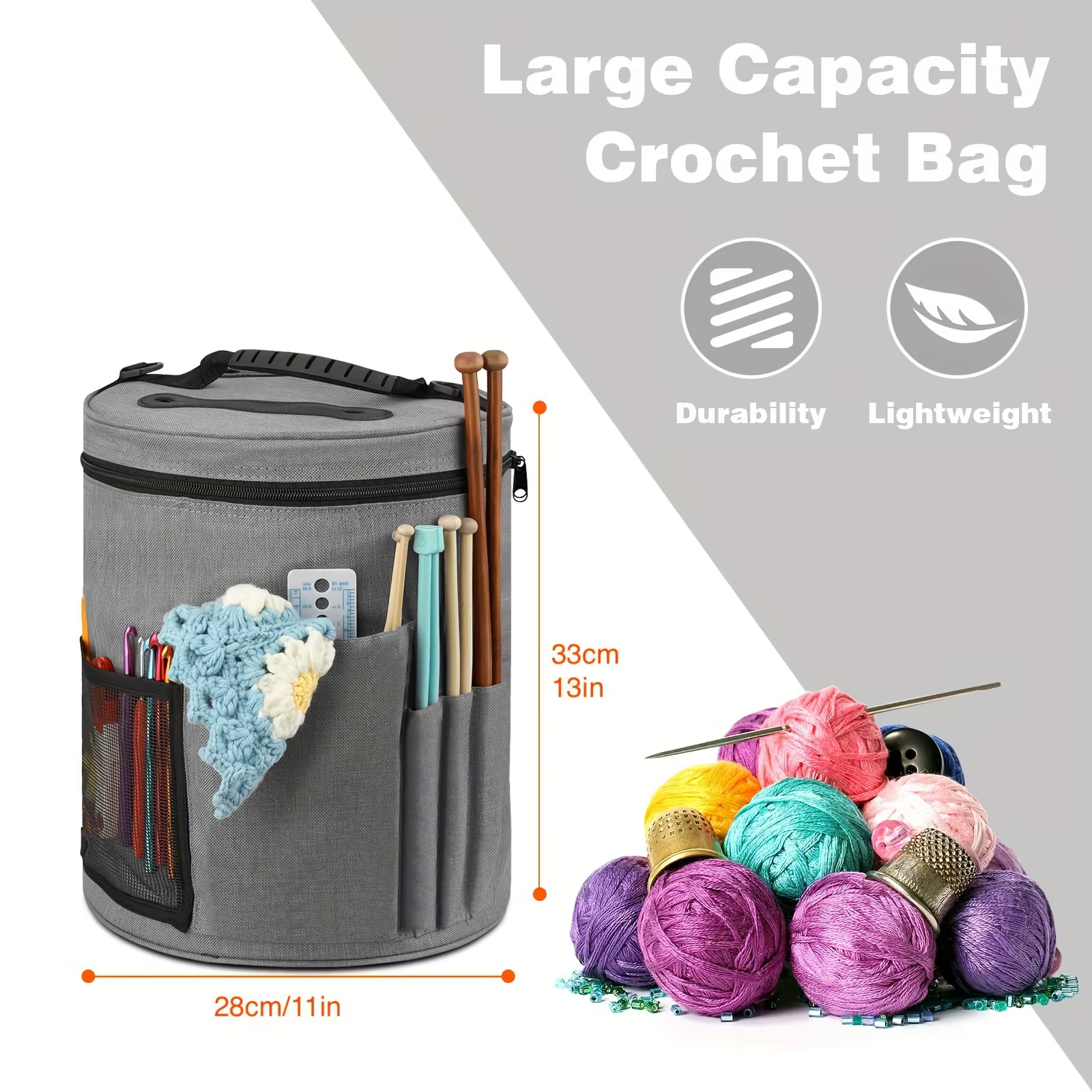 Sac fourre-tout au crochet de grande capacité avec poche avant, rangement de fil, crochets, fils grossiers