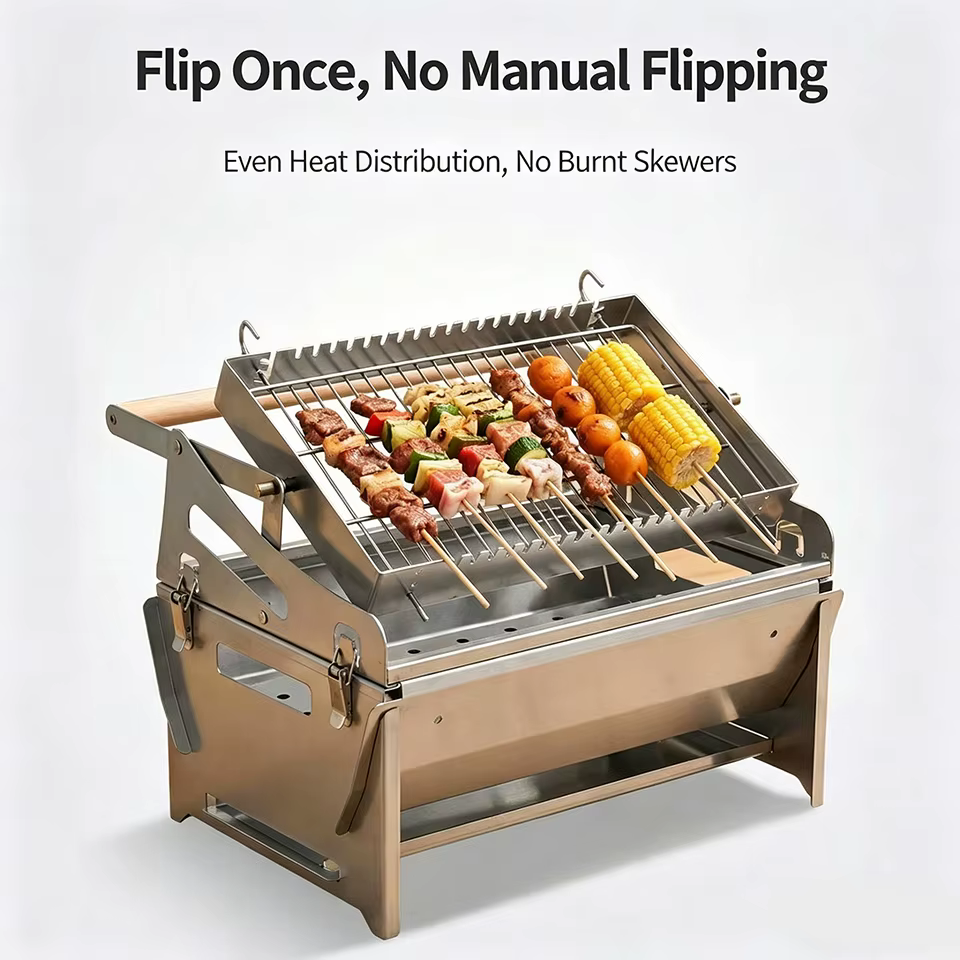 Portable 360 ° Barbecue pliable rotatif au charbon de bois en acier inoxydable avec grille amovible pour le camping