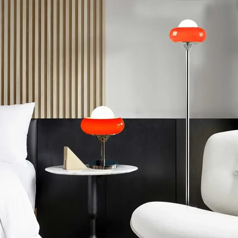 Evely Kevin-Lampadaire LED en verre, abat-jour en métal, lampe de table rétro, orange et rouge, lampe de table à tarte aux œufs, salon et chambre à coucher, étude