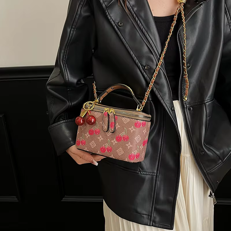 Mini sac carré décoré de cerises, sac à bandoulière pour femme, sac à main rétro à imprimé tendance, sac à main en PU, petit sac carré