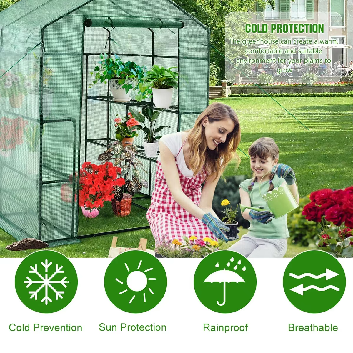 Serre portable avec porte, jardin de plantes, maison verte, grande maison de jardin, promenade en plein air, hiver et été