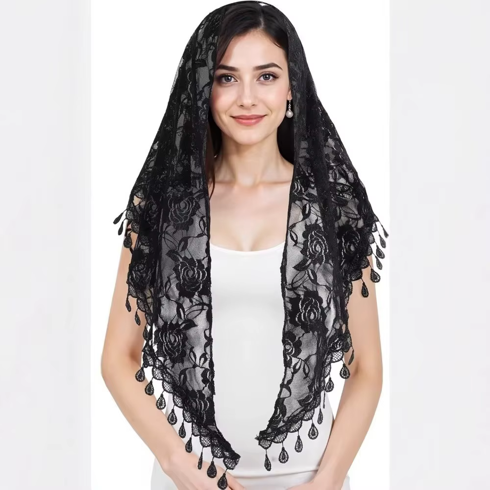 Écharpe en dentelle colorée à protection solaire avec pompons, bandeau imprimé style pastoral, bandeau triangulaire fleuri pour l'église
