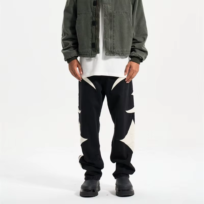 Jean baggy empilé en cuir PU brodé Y2K Kanye 2026 pour homme, vêtements streetwear, pantalon en denim pour femme, pantalon homme