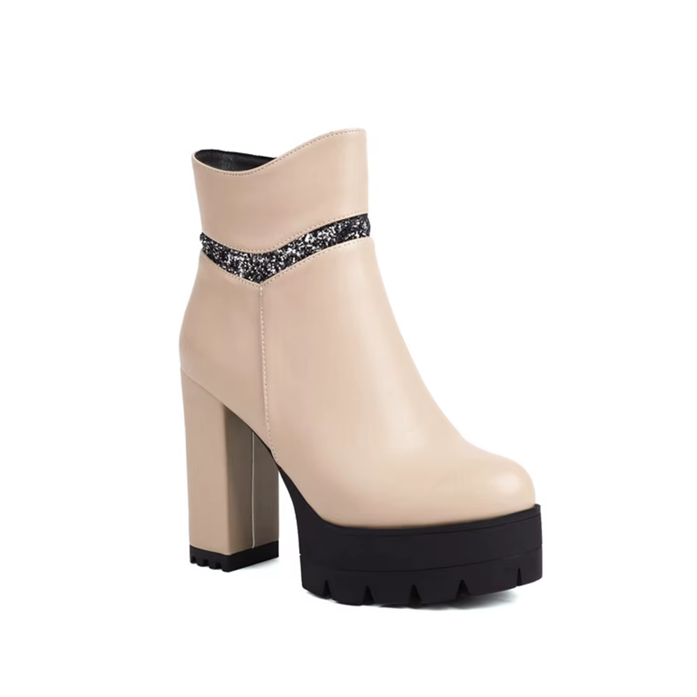 Bottes Rondes en Cuir pour Femme et Fille, Marque de Luxe, Talons Hauts Épais, Fermeture Éclair, Mode de Styliste, Alicante à Plateforme Décontractée, Grande Taille 45, 710
