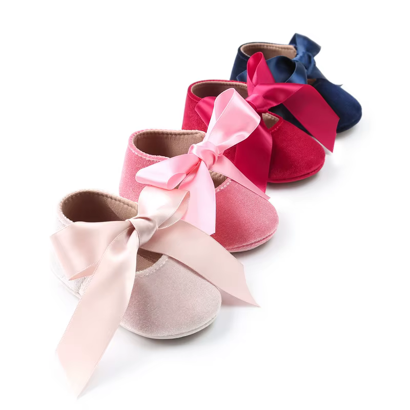 Chaussures pour nouveau-né fille, mocassins avec ruban et nœud papillon, semelle antidérapante en caoutchouc