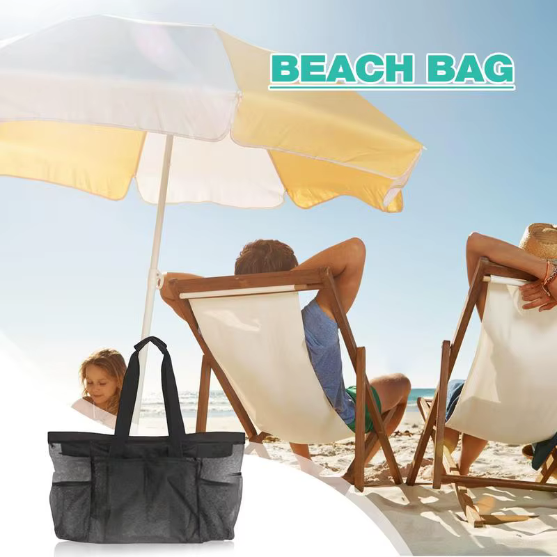 Respzed-Fourre-tout de plage avec poches en maille, grand sac fourre-tout de plage, sac de serviette de plage en nylon, fermeture éclair externe, 8 poches