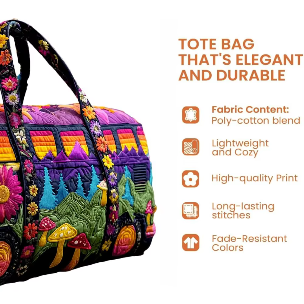 Sac de voyage matelassé Hippie Journey, motif floral vintage, sac de voyage hippie Van, sacs de voyage bohème, sac de nuit, sac de sport
