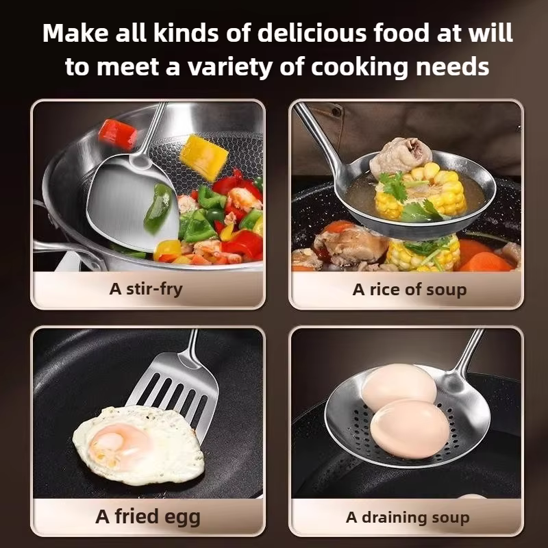 Ensemble d'ustensiles de cuisine en acier inoxydable pour wok : spatule, louche, cuillère écumoire, spatule ajourée, accessoires pour wok