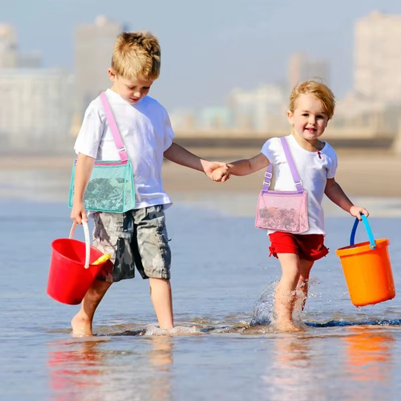 Sac de plage pliable en maille pour enfants, sac de rangement portable pour jouets de plage, vêtements, organisateur de rangement, sac de maquillage cosmétique pour femmes