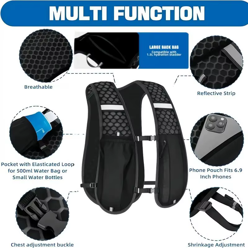Gilet de course à pied avec bouteille d'eau, léger, respirant, poches de rangement extra-larges, sacs d'hydratation pour femmes et hommes