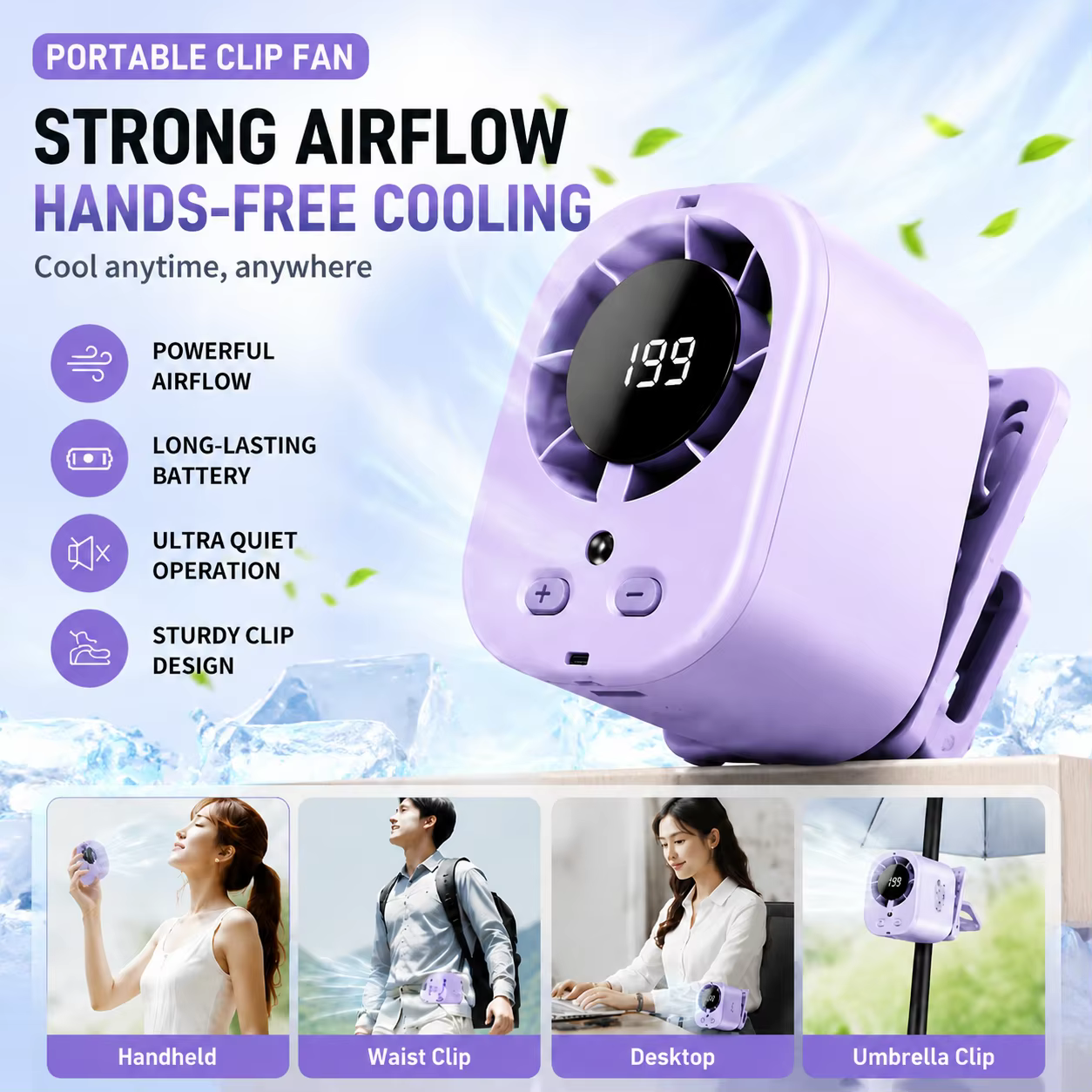 Mini ventilateur portable à pince avec 199 réglages de vitesse