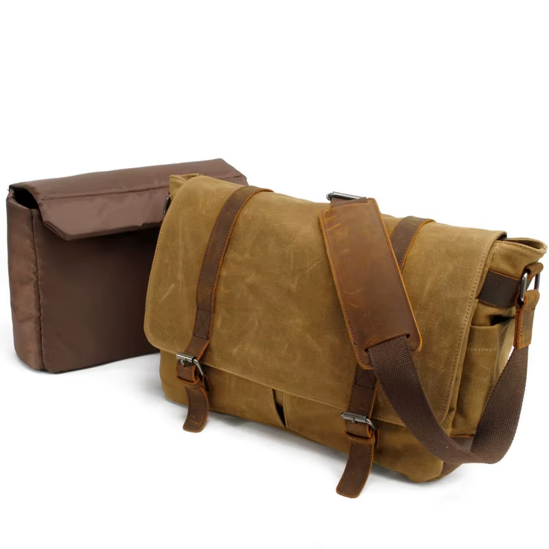 Sac pour homme - Sac pour appareil photo - Sac à bandoulière décontracté - Toile batik avec cuir Crazy Horse - Sac