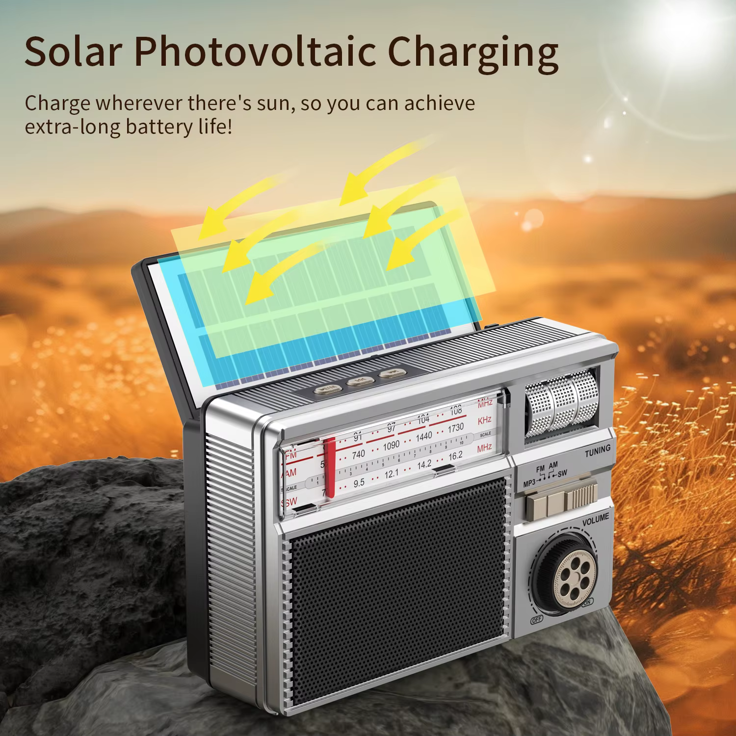 Radio rétro toutes bandes avec connectivité audio sans fil, charge solaire et multimode, batterie longue durée et modes de lecture multiples