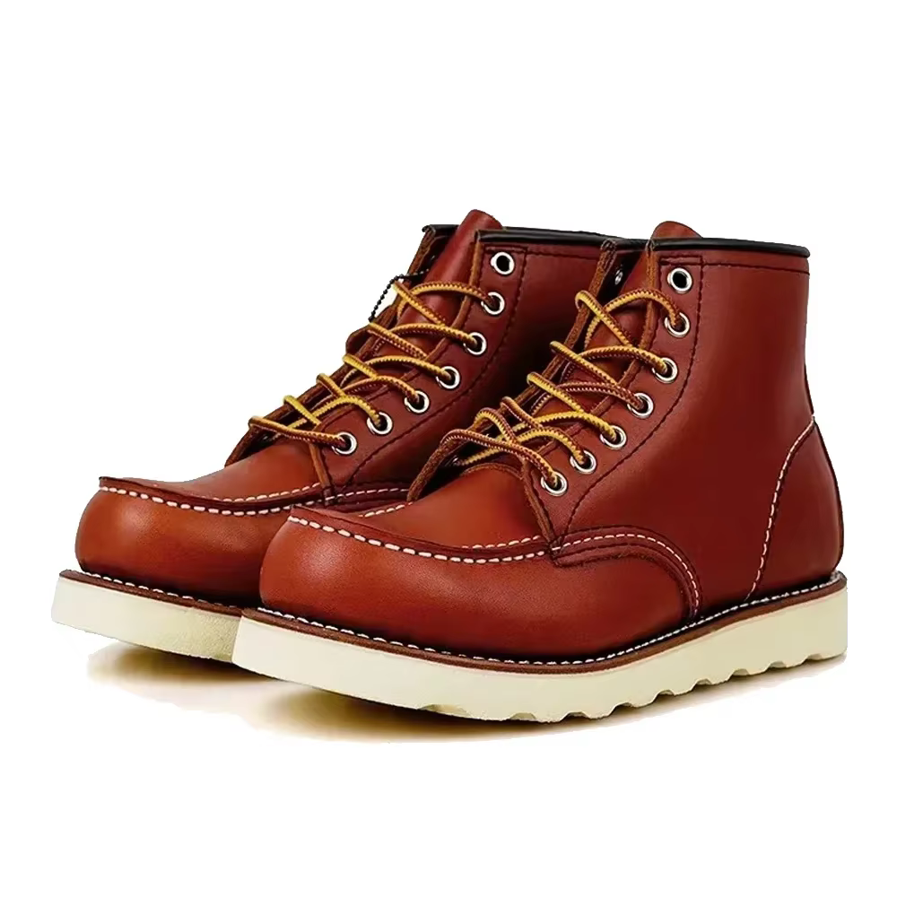 Bottes de moto en cuir véritable cousues Goodyear pour hommes, bottes provoqué punk décontractées, chaussures de travail mi-mollet, bout rond, rouge occidental, vintage