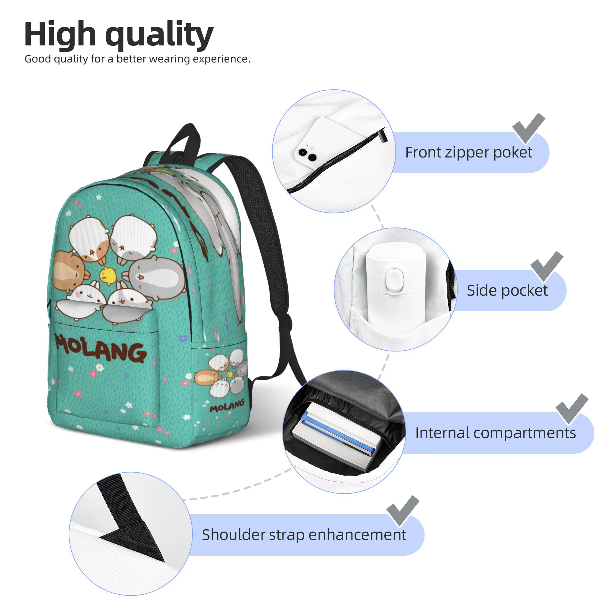 Sac à dos de dessin animé amusant Molang pour adolescents, sacs à dos durables en polyester, sacs d'école Kawaii, sac à dos coloré pour l'entraînement