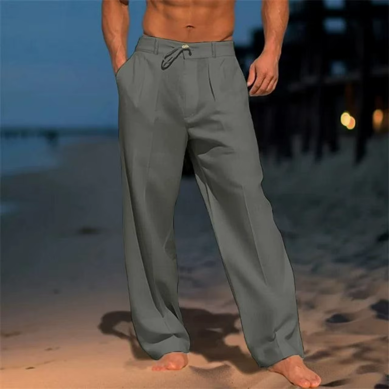 Pantalon en lin pour hommes, plage d'été, Style basique décontracté, vacances, coupe ample, respirant, usage quotidien, scène de plage, pantalon de costume approprié