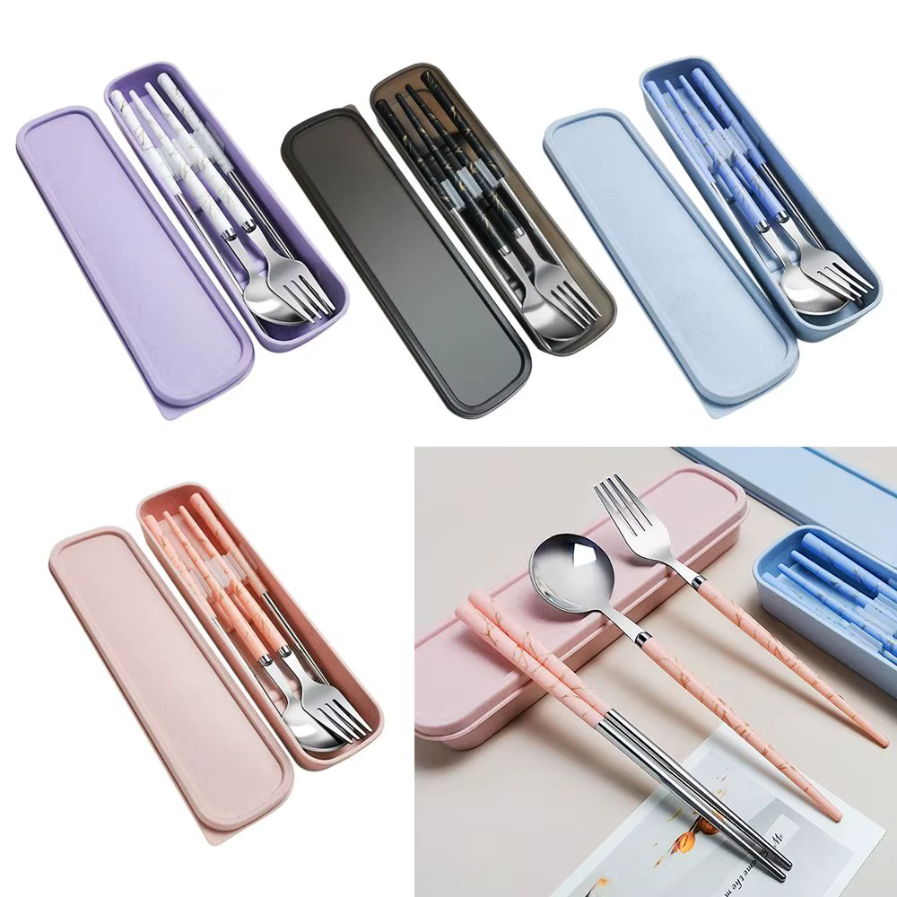 Couverts réutilisables en acier inoxydable, accessoires de cuisine avec boîte, service de table, cuillère, fourchette, baguettes