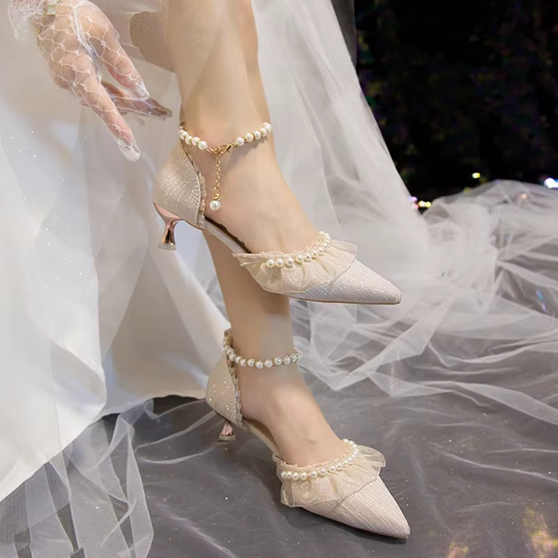 InjWhite-Chaussures de Mariage de Luxe pour Femme, Escarpins à Talons Hauts, Bretelles de Rincage de Perles, Chaussures Habillées à Talons Pointus Parker, Été 2023