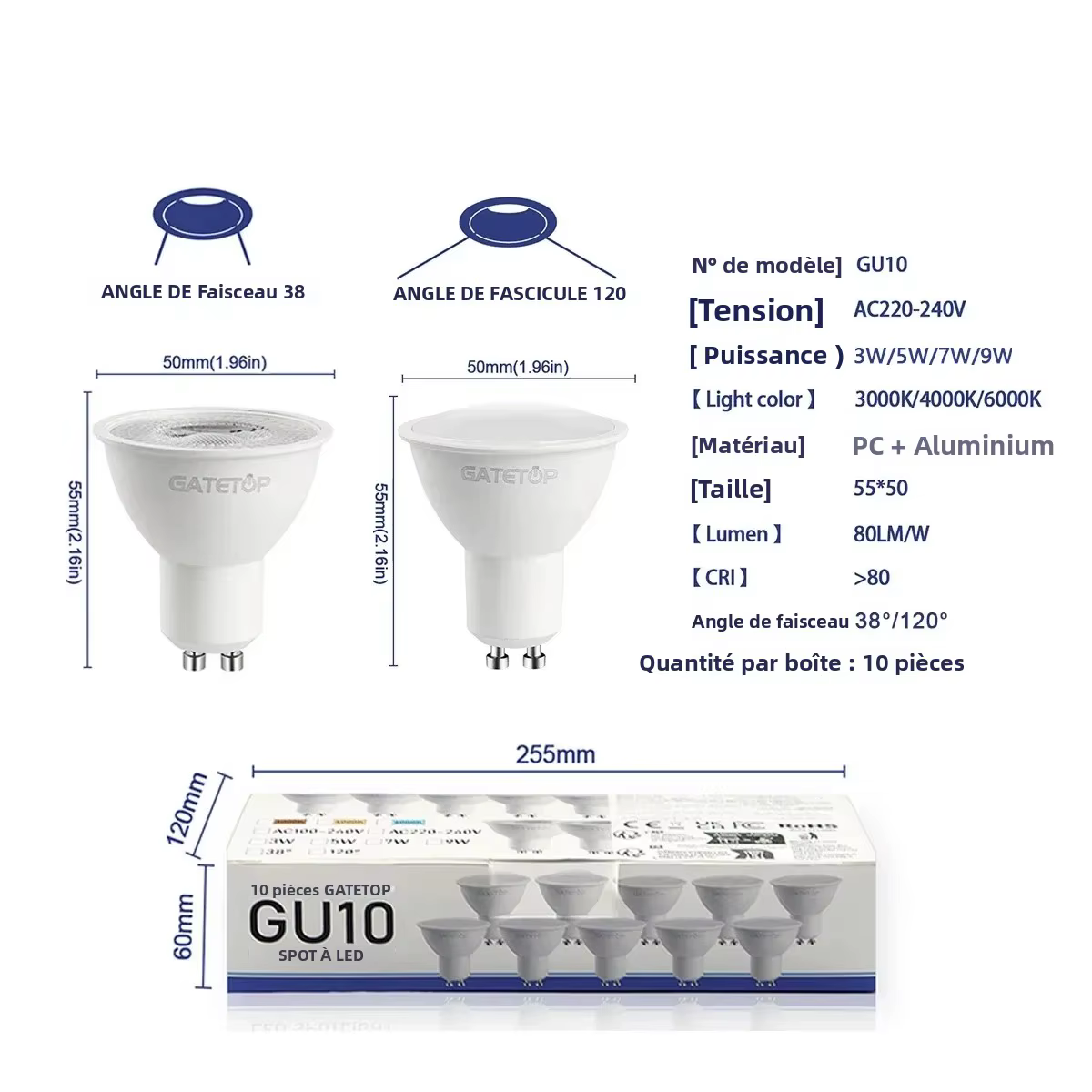 Ampoule LED GU10 à intensité variable, 10 paquets, AC220V 3W-9W 3000K 6000K, lampe blanche chaude et blanche froide pour éclairage domestique, hôtelier et commercial