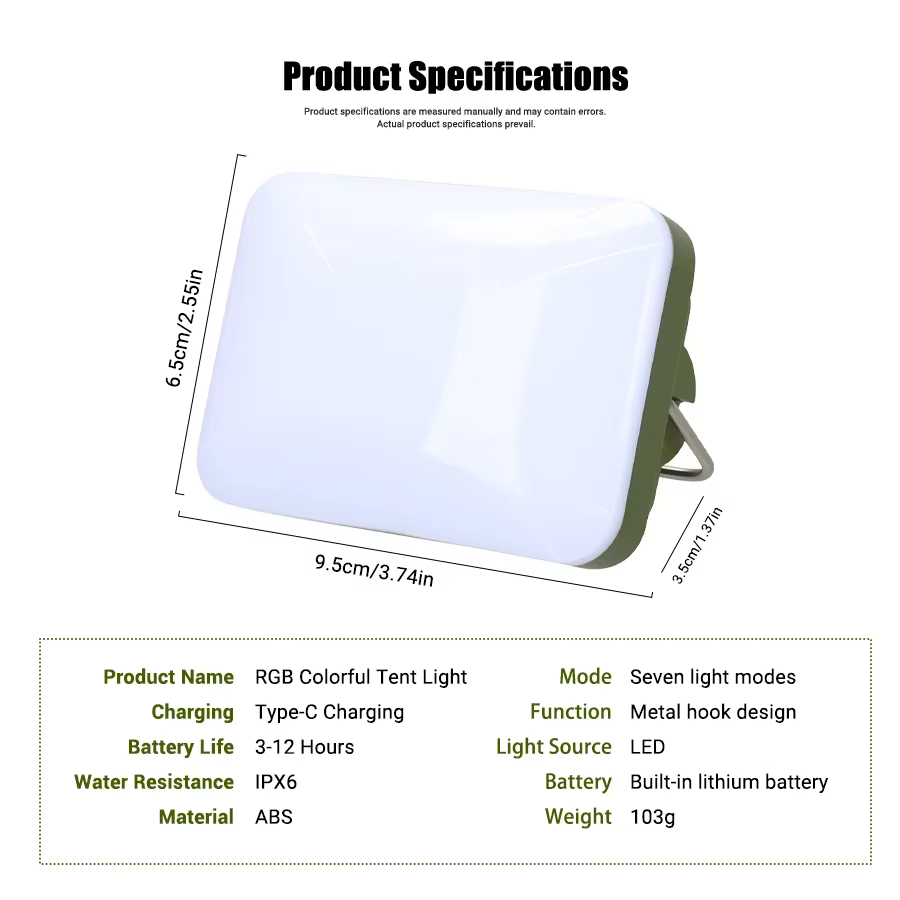 Lampe de Camping Rechargeable avec crochet-7 Modes d'éclairage