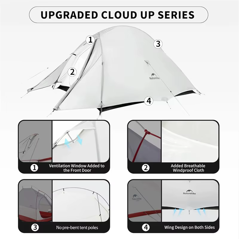 Naturehike Cloud Up UL Tente Ultralégère 1-2 Personne 15D Nylon Étanche Camping Unique Double Randonnée