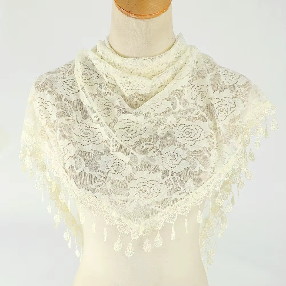 Écharpe en dentelle colorée à protection solaire avec pompons, bandeau imprimé style pastoral, bandeau triangulaire fleuri pour l'église