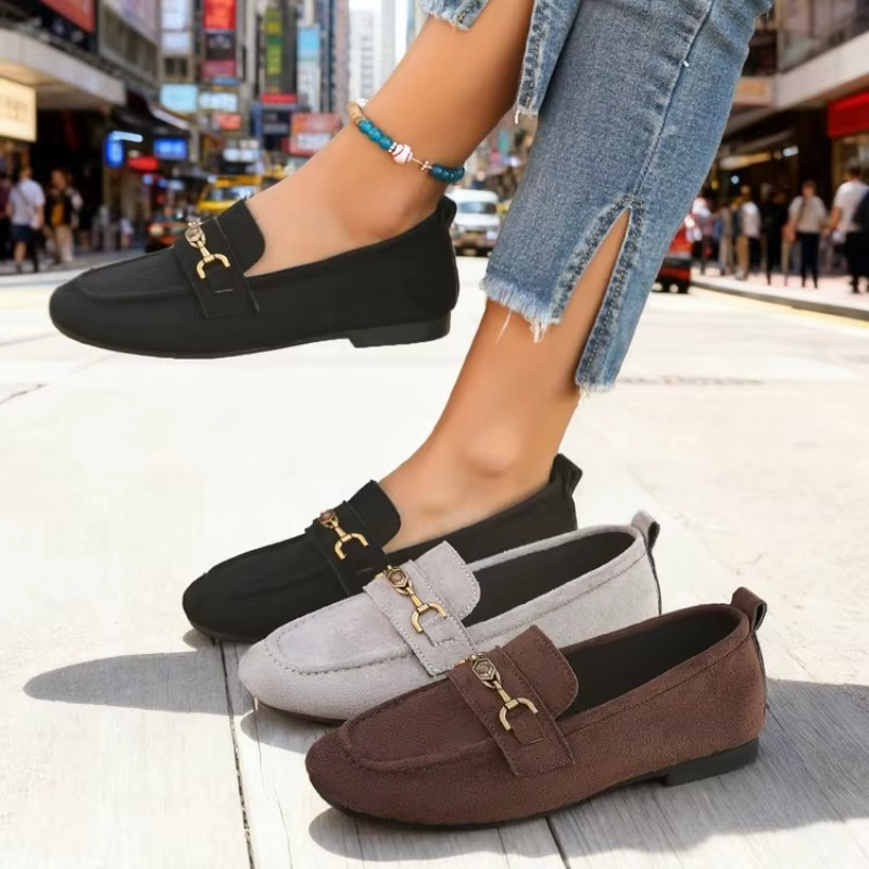 Chaussures plates pour femmes à bout rond, avec décorations métalliques, à enfiler, semelle souple, confortables, décontractées, pour la marche en extérieur – Collection 2026, Vente Flash