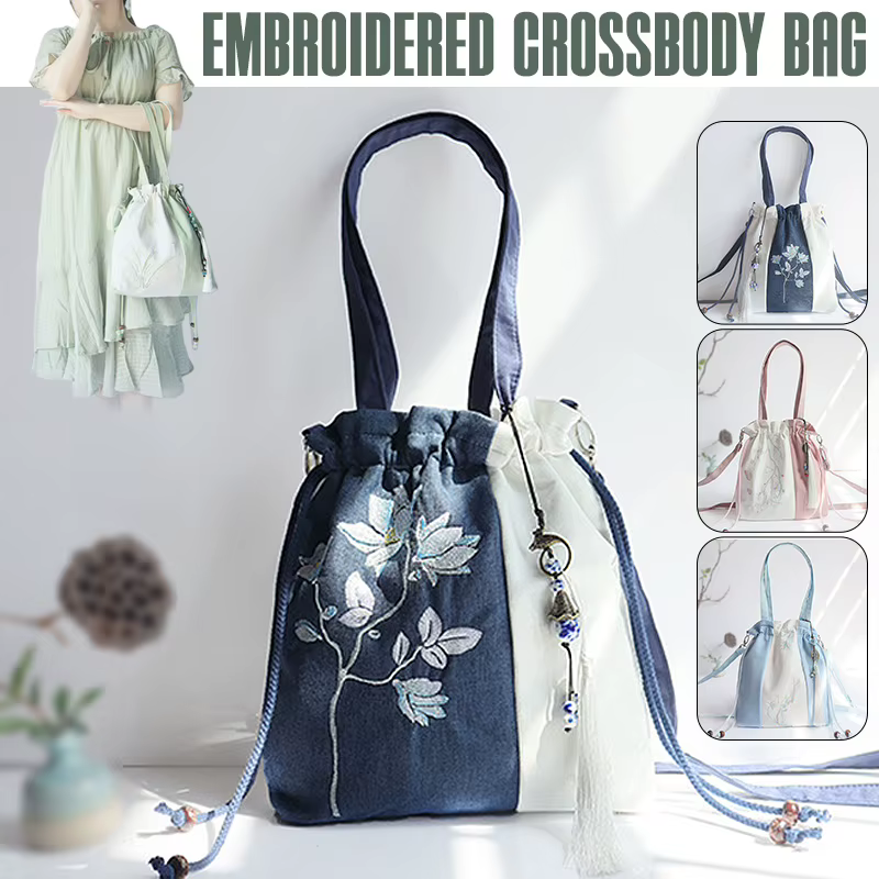 Sac à main Hanfu de Style chinois, sac à bandoulière littéraire Vintage avec broderie de fleurs, sacoche de Style ancien, sac à cordon