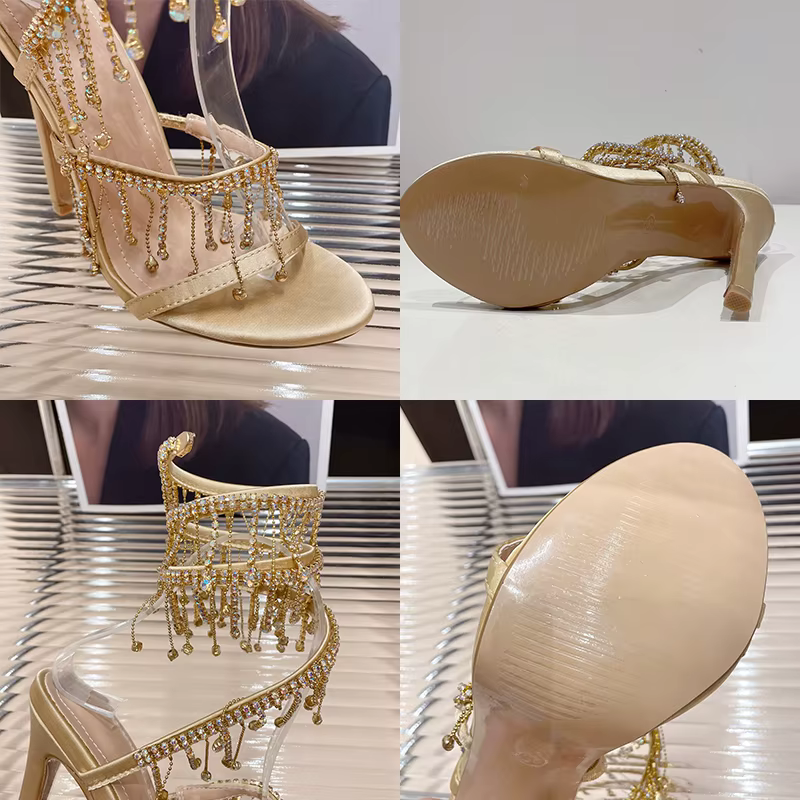 Chaussures dorées mode strass Peep Toe dames talons hauts chaussures en cristal gladiateur sandales femmes talons fins chaussures femme