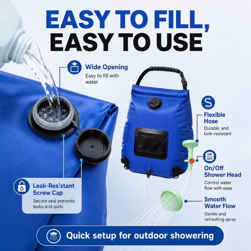 Sac de douche solaire 20L, sac d'eau portable pour le camping avec tuyau et buse pour la randonnée, les voyages et les activités de plein air