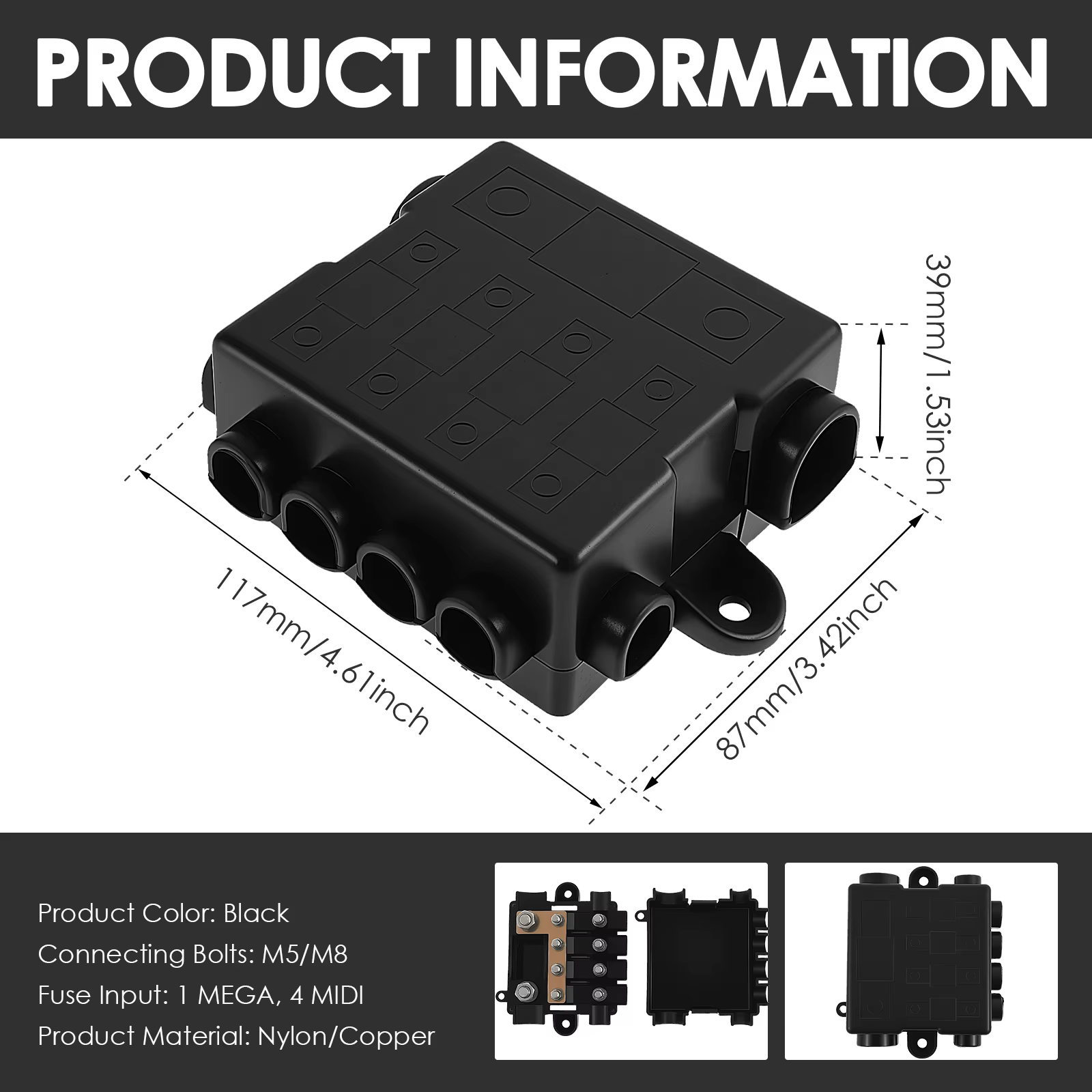 Boîte à fusibles de distribution de protection pour 1 x Mega + 4 x fusibles Midi Bloc de fusibles de distribution en nylon et cuivre ou circuits hauts et moyens