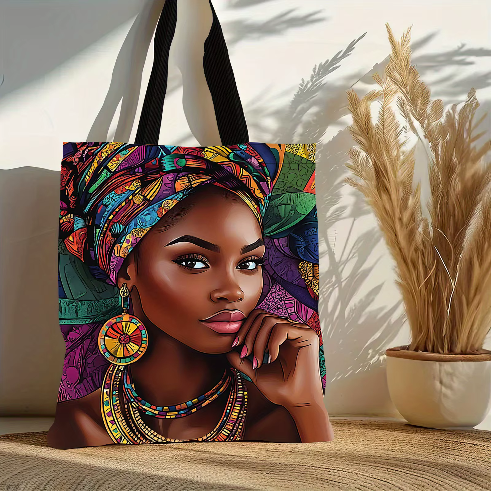 Sac fourre-tout en lin imprimé pour femmes africaines, sac à bandoulière d'école esthétique, sac d'épicerie léger