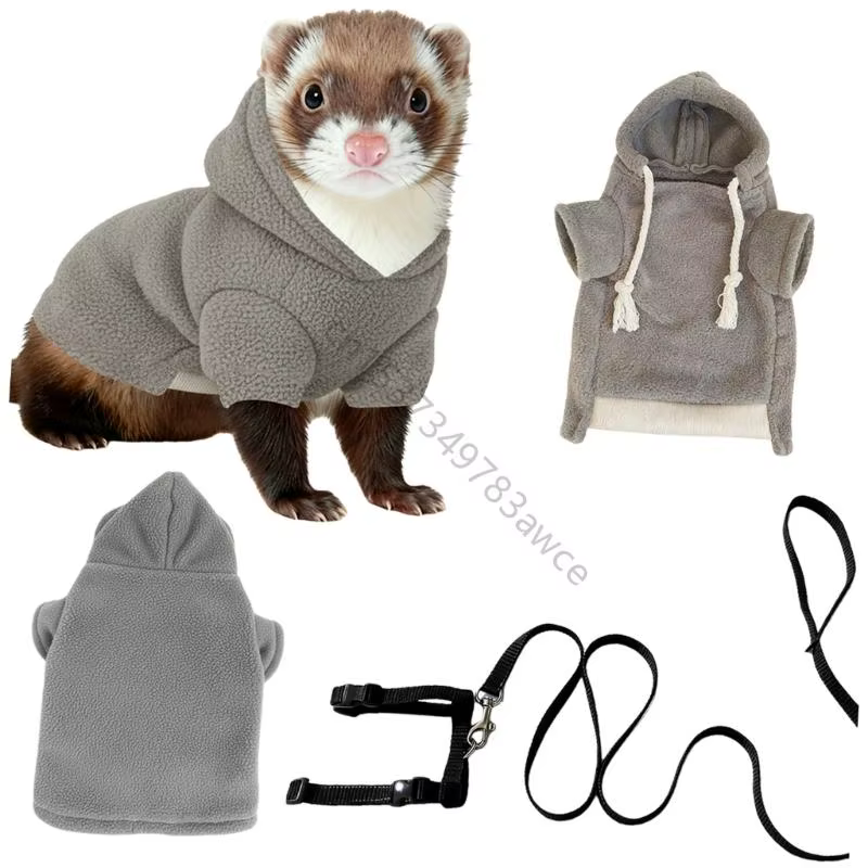 Ensemble pull à capuche harnais laisse pour furets, pour temps froid, avec tissu polaire doux, corde en Nylon, contrôle